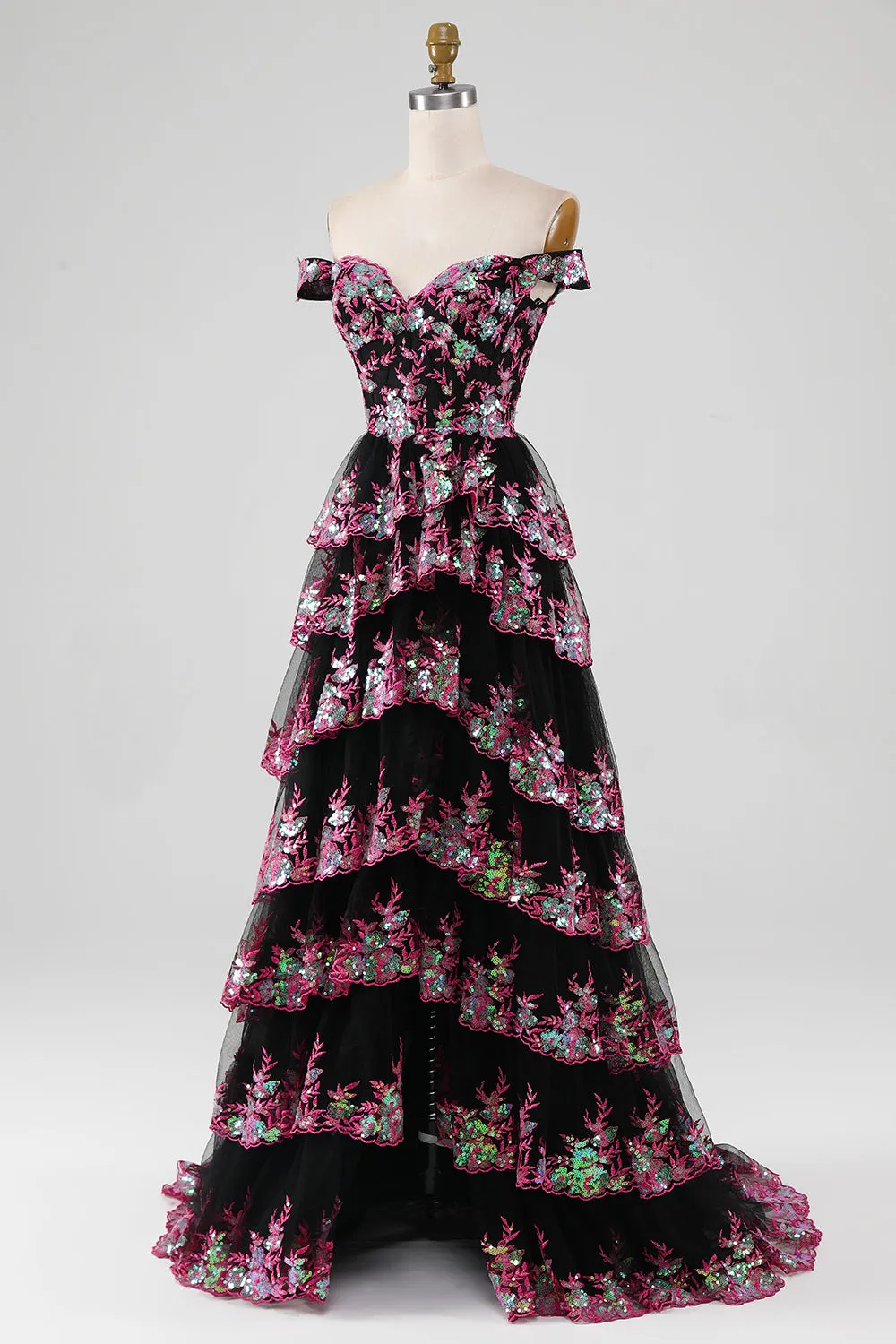 Sparkly Black Pink Tiered Lace A-Line Long Prom Dress with Slit sold by Zapaka product image thumbnail 3