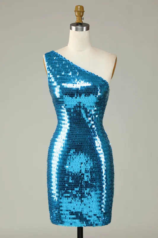 Glitter Royal Blue One Shoulder Sequins Tight Hoco Dress sold by Zapaka