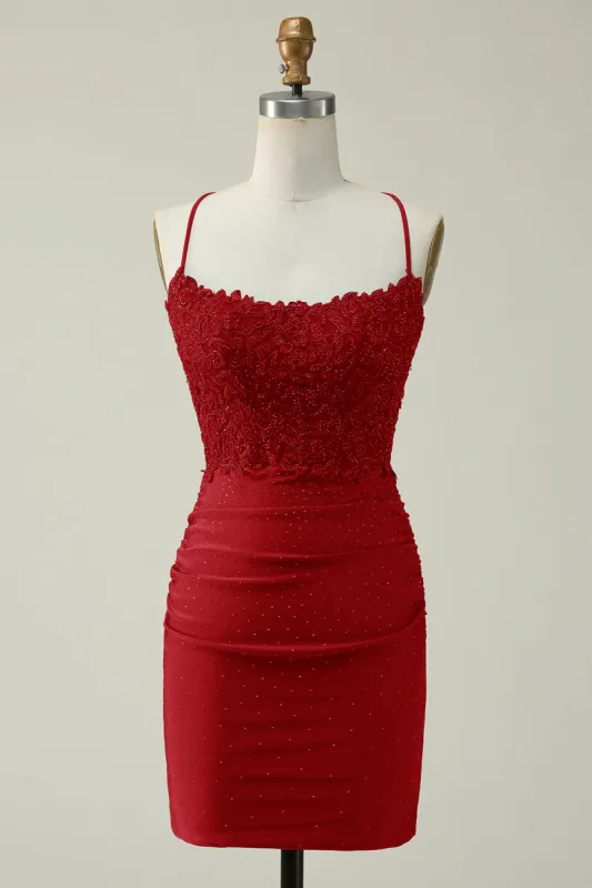 Sheath Spaghetti Straps Dark Red Short Homecoming Dress with Appliques sold by Zapaka