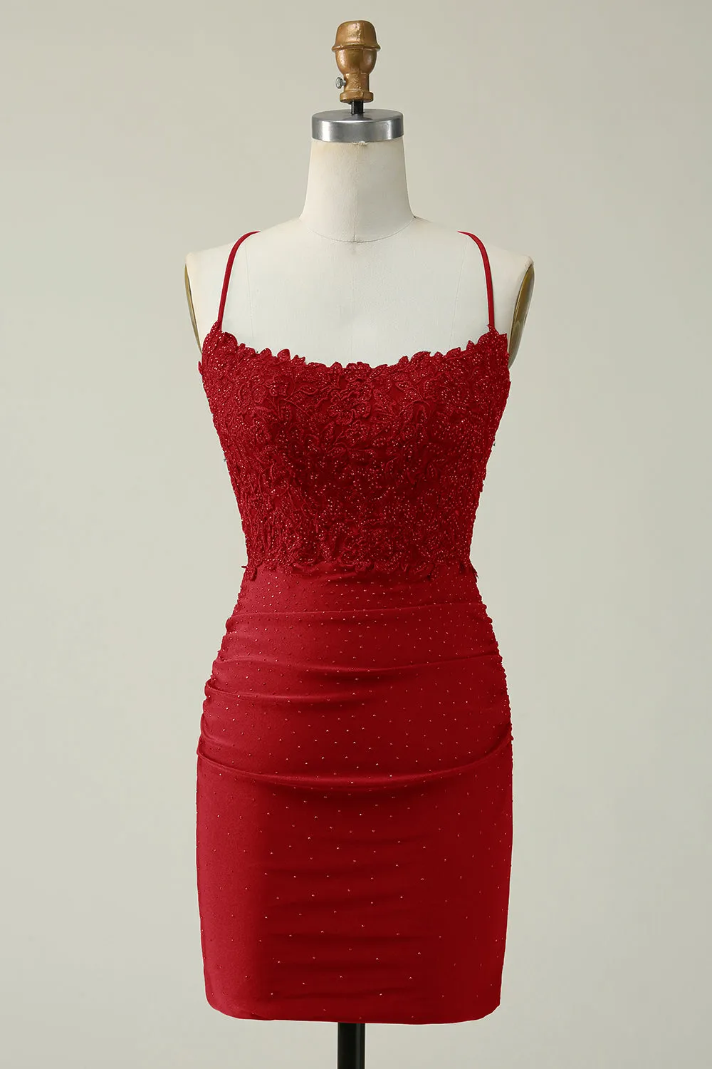 Sheath Spaghetti Straps Dark Red Short Homecoming Dress with Appliques sold by Zapaka