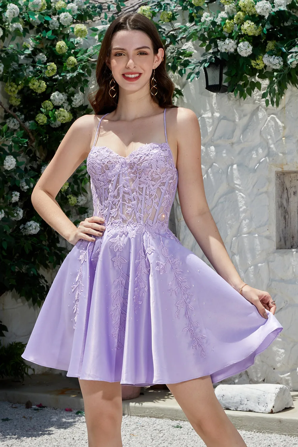 Cute A Line Spaghetti Straps Purple Corset Homecoming Dress with Criss Cross Back sold by Zapaka