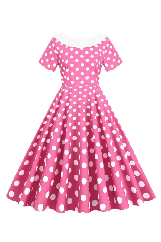 Pink Polka Dots Boat Neck 1950s Dress With Bowknot sold by Zapaka