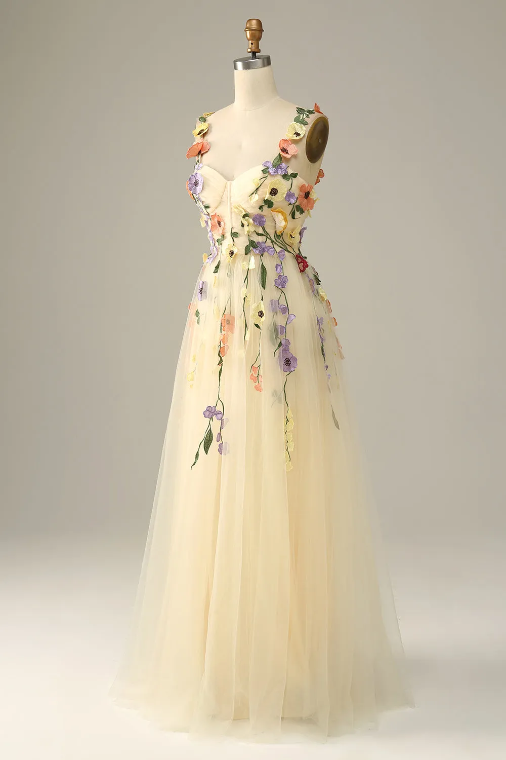 Champagne Spaghetti Straps Prom Dress With 3D Flowers sold by Zapaka product image thumbnail 3