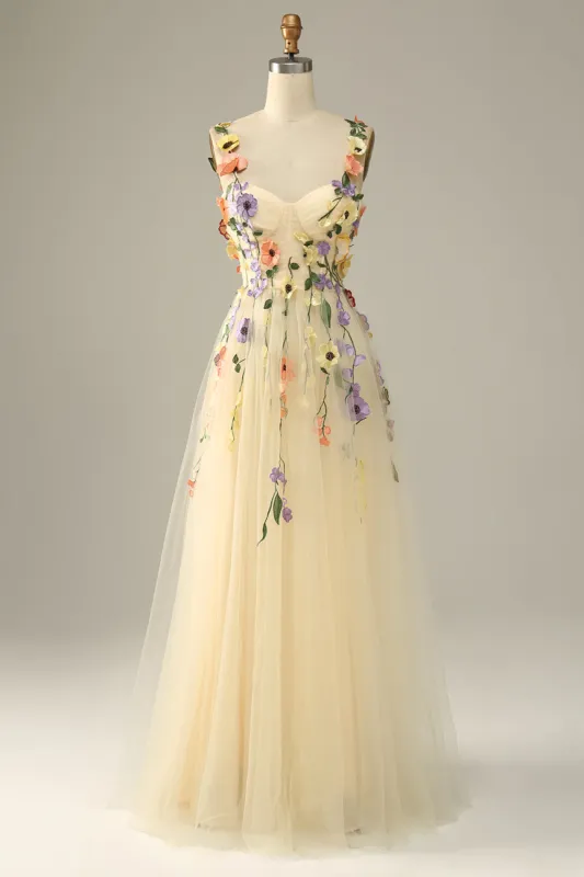 Champagne Spaghetti Straps Prom Dress With 3D Flowers sold by Zapaka