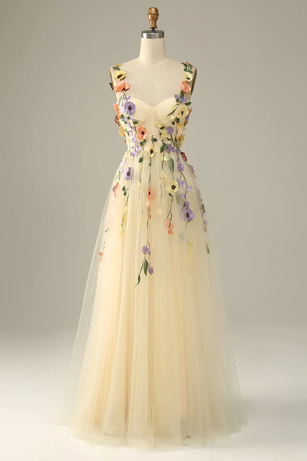 Champagne Spaghetti Straps Prom Dress With 3D Flowers sold by Zapaka