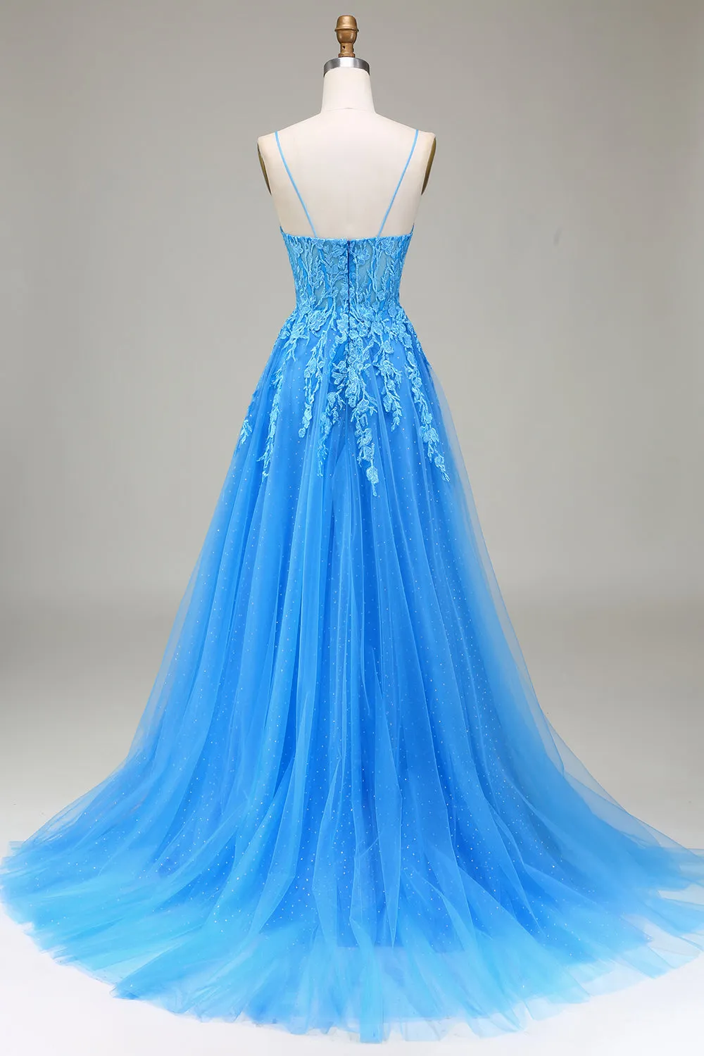 A-Line Spaghetti Straps Blue Tulle Prom Dress With Appliques sold by Zapaka product image thumbnail 2