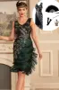 Dark Green Sequins Fringed 1920s Dress with Accessories Set sold by Zapaka