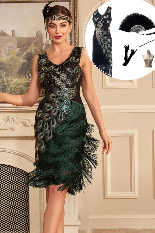 Dark Green Sequins Fringed 1920s Dress with Accessories Set sold by Zapaka