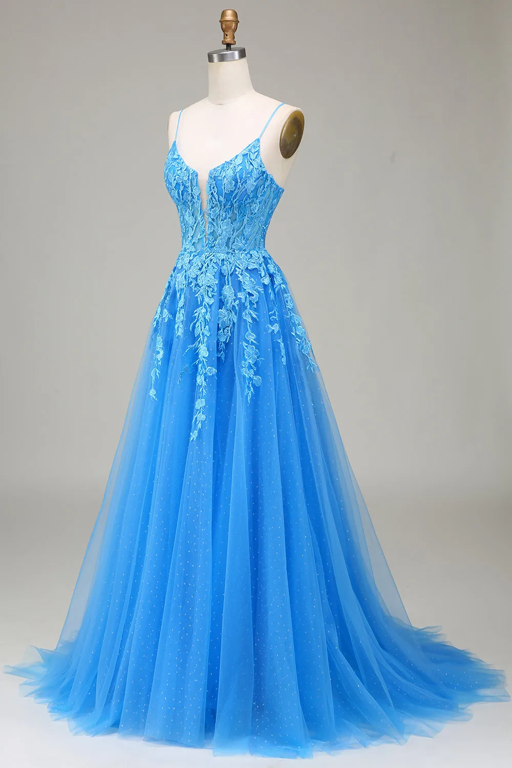 A-Line Spaghetti Straps Blue Tulle Prom Dress With Appliques sold by Zapaka product image thumbnail 3
