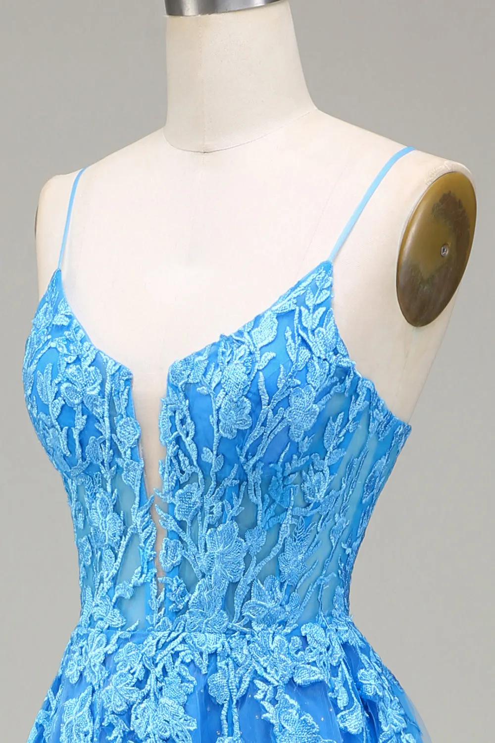 A-Line Spaghetti Straps Blue Tulle Prom Dress With Appliques sold by Zapaka product image thumbnail 4