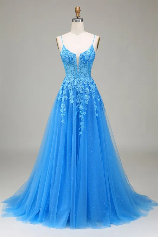 A-Line Spaghetti Straps Blue Tulle Prom Dress With Appliques sold by Zapaka