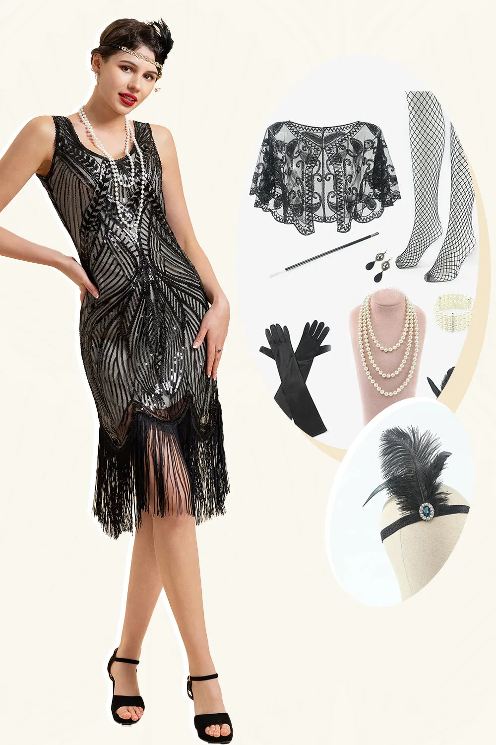 Sequins Fringed Flapper Dress with 1920s Accessories Set sold by Zapaka