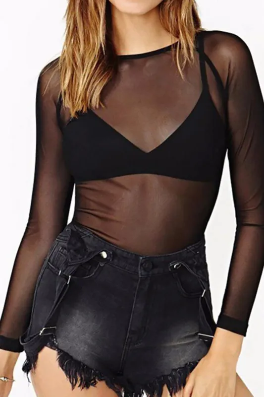 Black Mesh Long Sleeve See-Through Bottoming Shirt sold by Zapaka