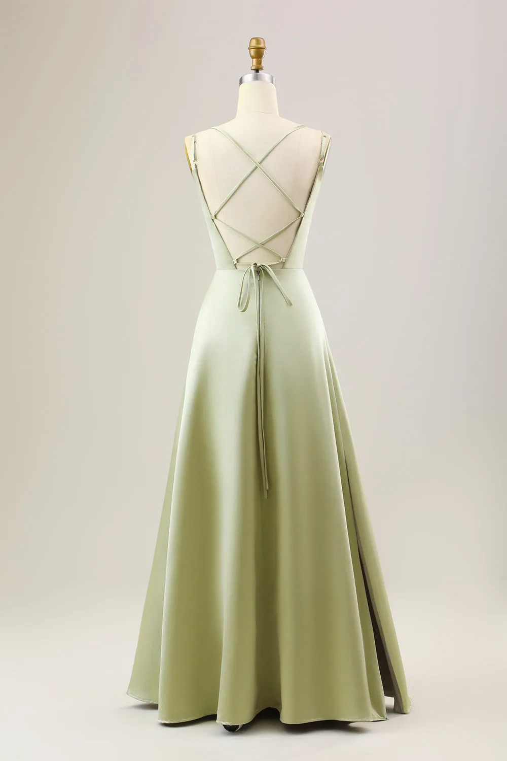 Dusty Sage A Line Spaghetti Straps Long Satin Bridesmaid Dress sold by Zapaka product image thumbnail 2