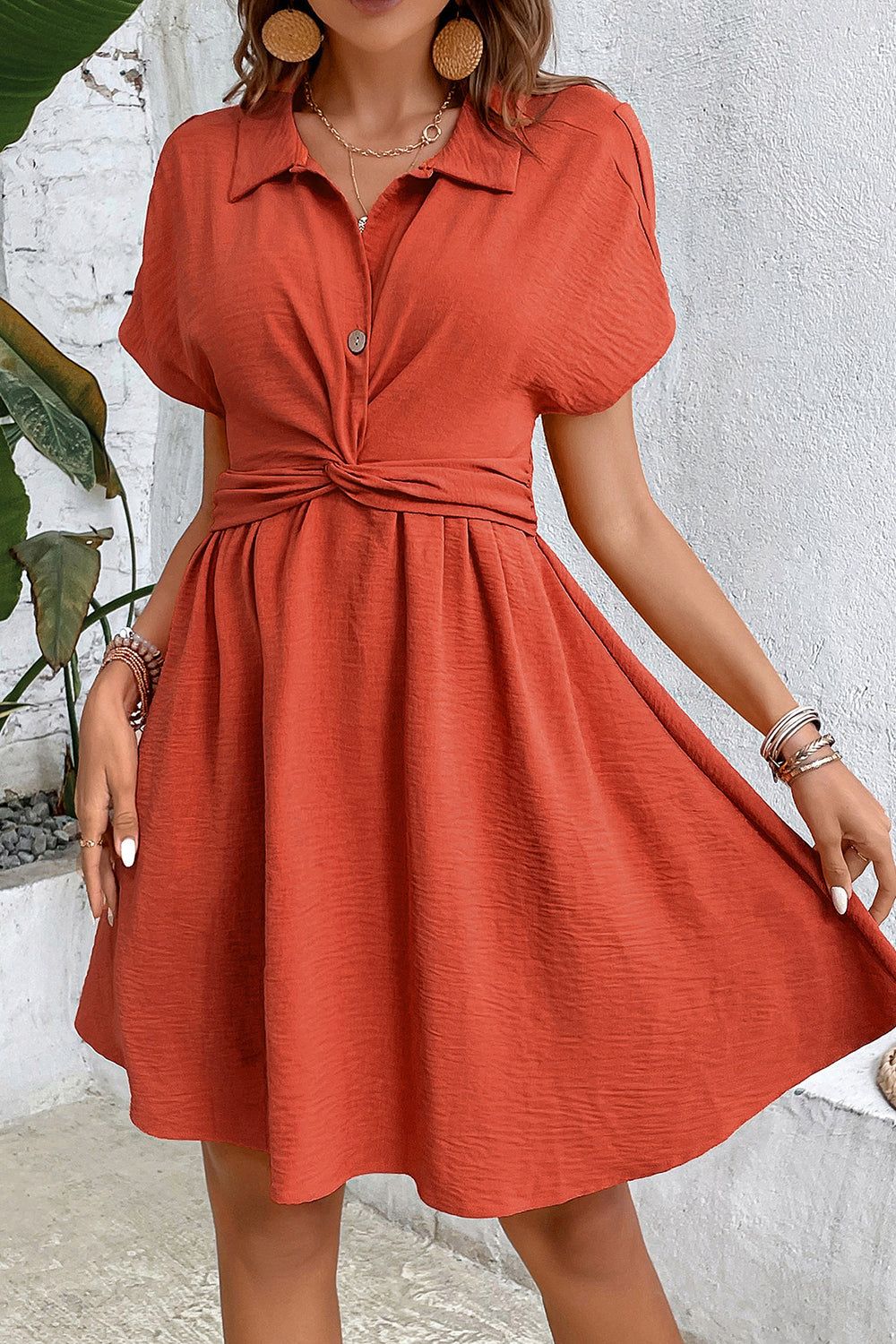 Orange A Line Button Summer Dress With Short Sleeves sold by Zapaka product image thumbnail 5