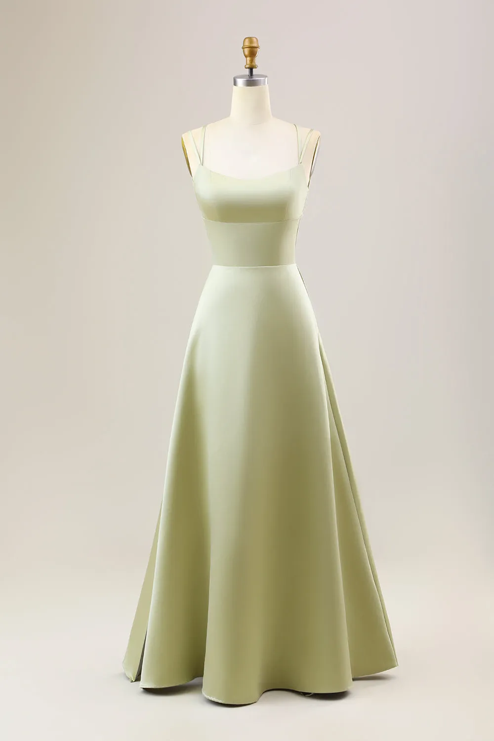 Dusty Sage A Line Spaghetti Straps Long Satin Bridesmaid Dress sold by Zapaka