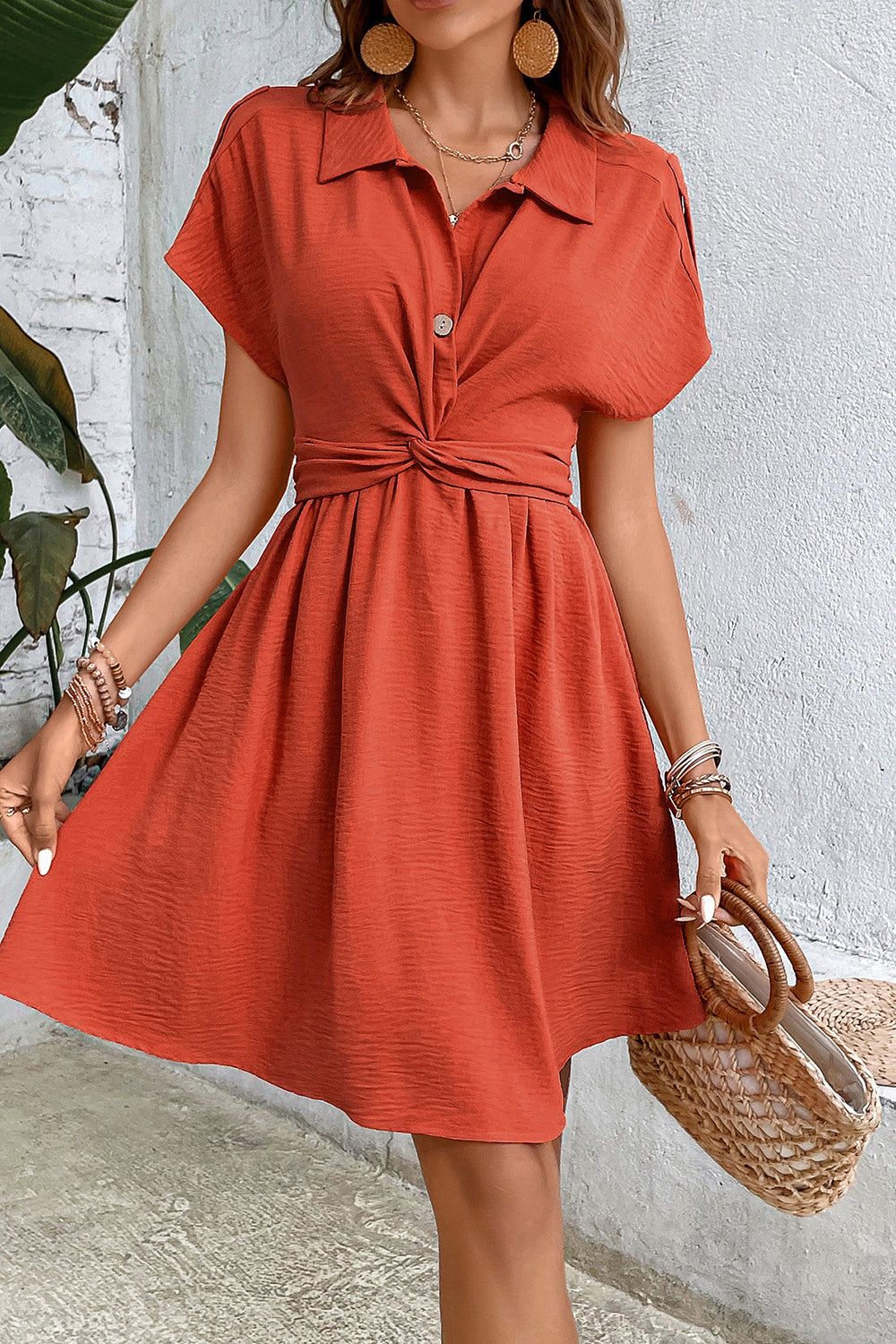 Orange A Line Button Summer Dress With Short Sleeves sold by Zapaka product image thumbnail 3