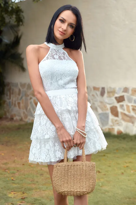 A Line Halter White Lace Graduation Dress sold by Zapaka