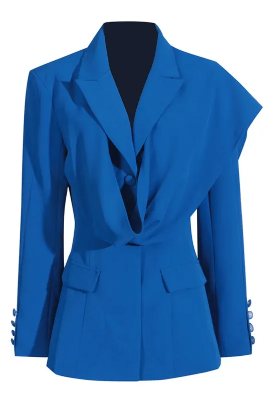 Royal Blue Asymmetrical Notched Lapel Women Blazer sold by Zapaka