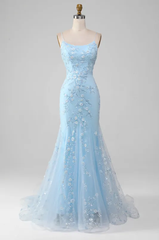 Sparkly Light Blue Beaded Mermaid Long Prom Dress sold by Zapaka