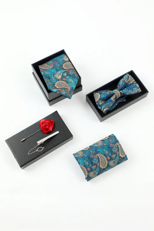 Lake Blue Jacquard Men's 5-Piece Accessory Set Tie and Bow Tie Pocket Square Flower Lapel Pin Tie Clip sold by Zapaka