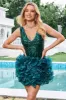 Glitter Dark Green Tight V Neck Sequins Homecoming Dress with Detachable Ruffles sold by Zapaka