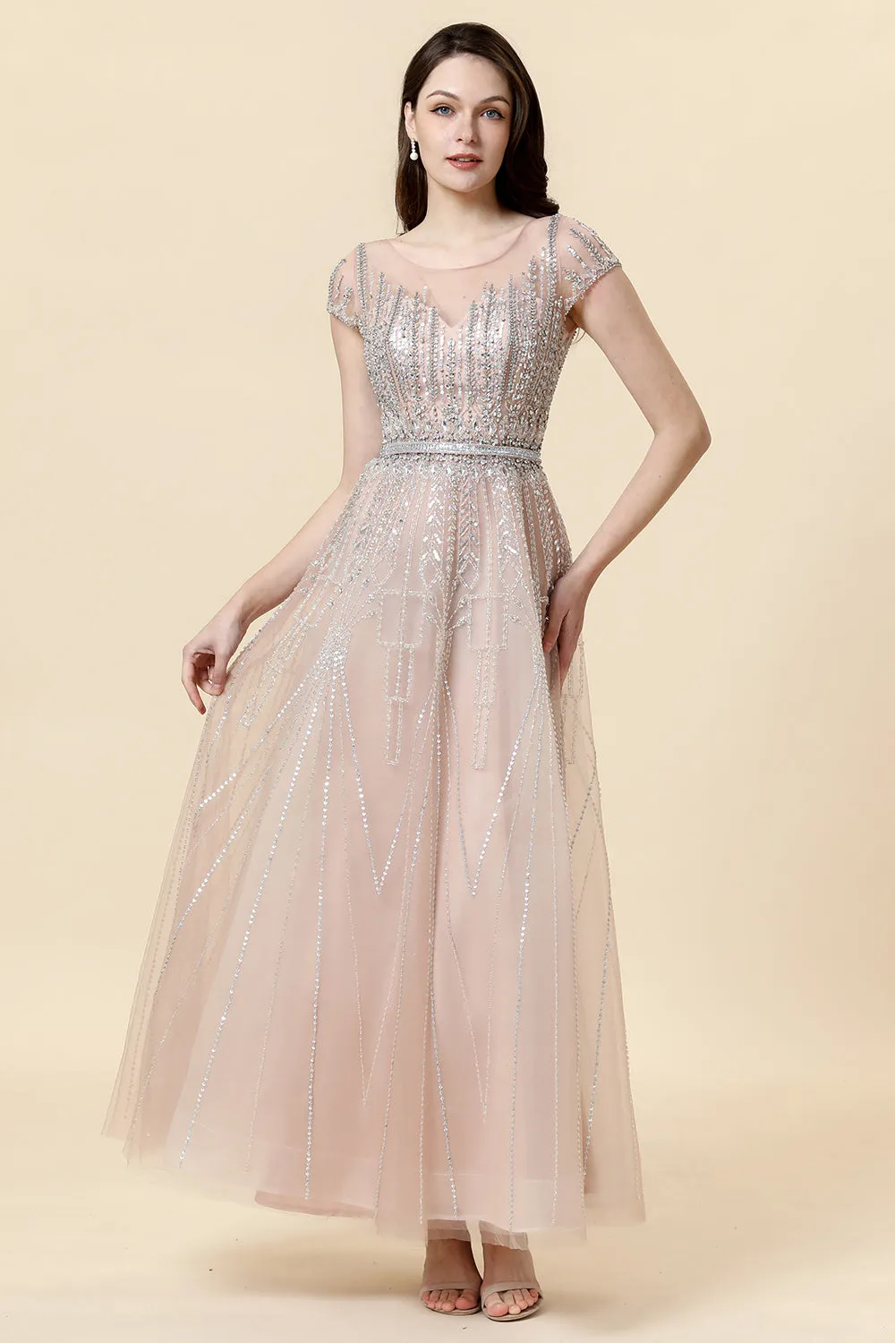 Sparkly Blush Beaded A-Line Tulle Formal Dress sold by Zapaka