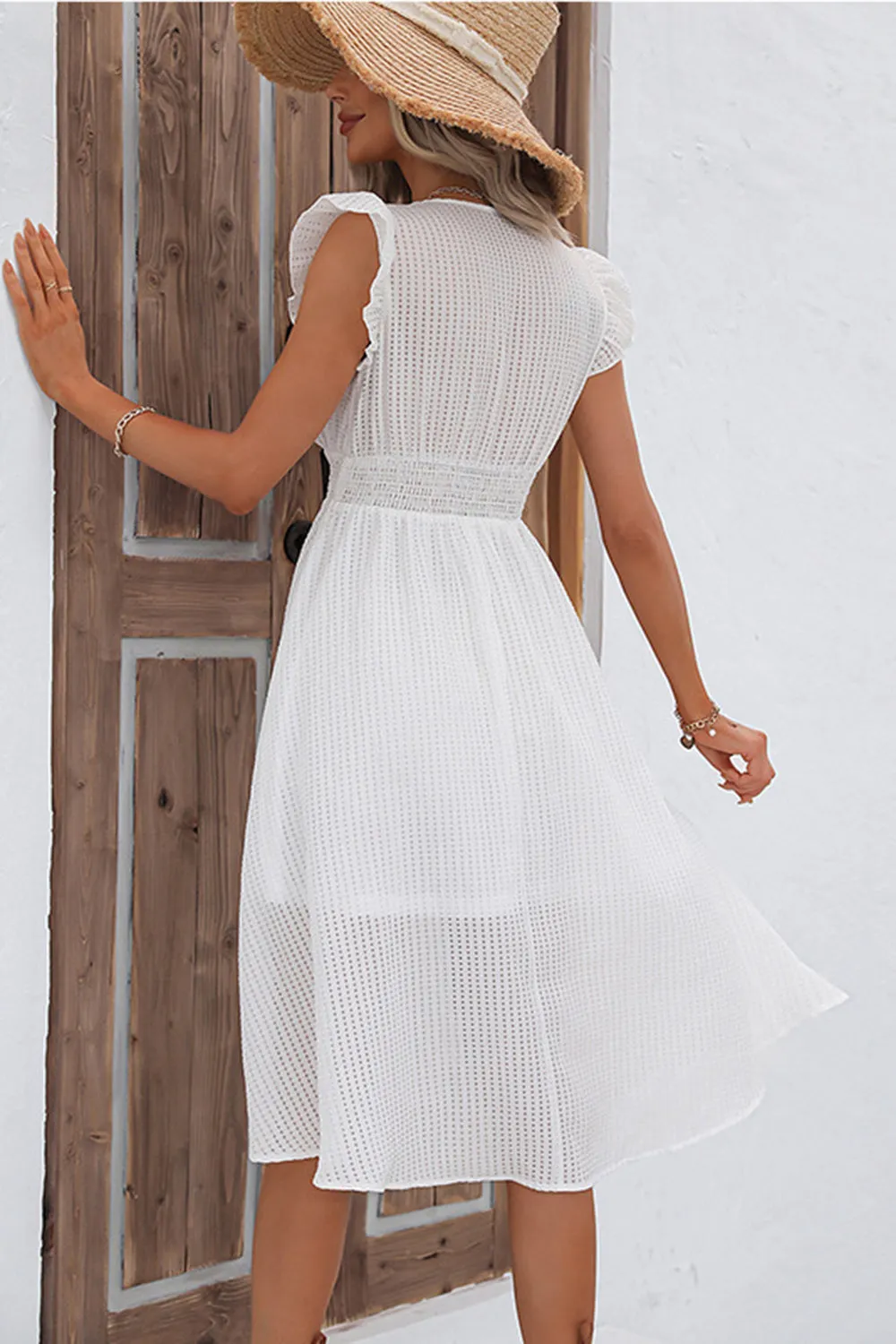 White Flutter Sleeves V-Neck Midi Summer Dress With Ruffles sold by Zapaka product image thumbnail 2