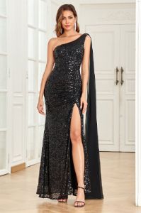 One Shoulder Black Sequins Prom Dress with Slit sold by Zapaka