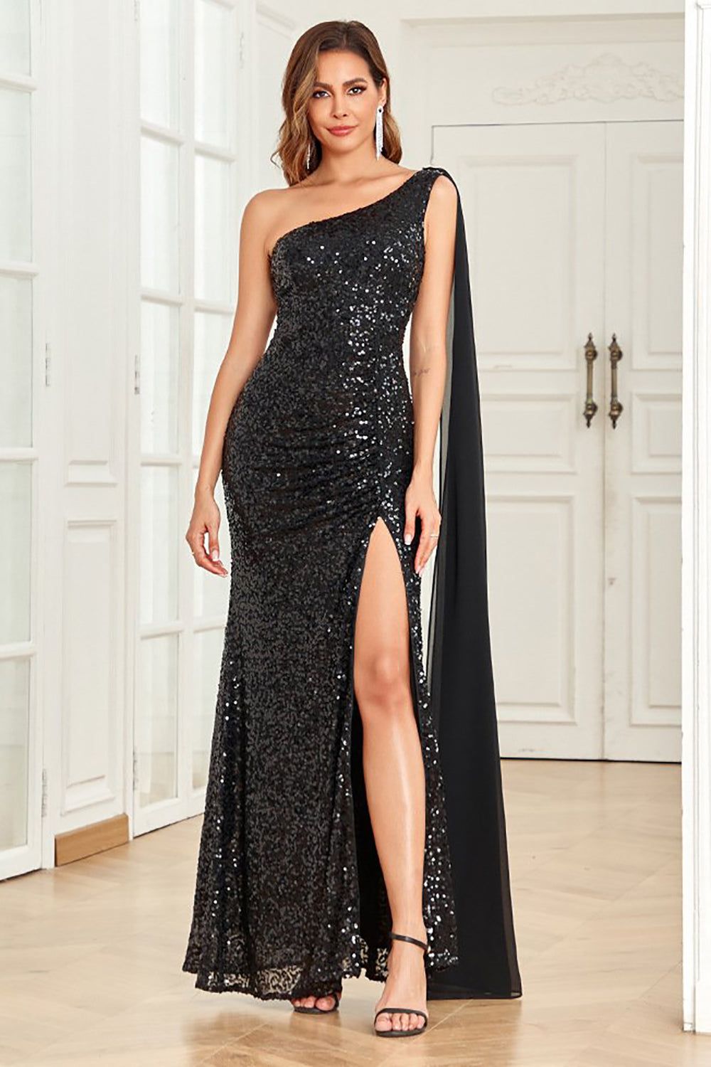One Shoulder Black Sequins Prom Dress with Slit sold by Zapaka product image thumbnail 4