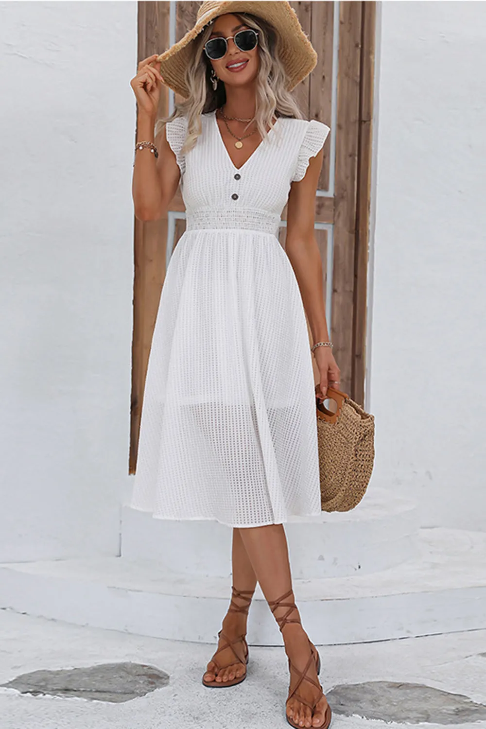 White Flutter Sleeves V-Neck Midi Summer Dress With Ruffles sold by Zapaka product image thumbnail 4