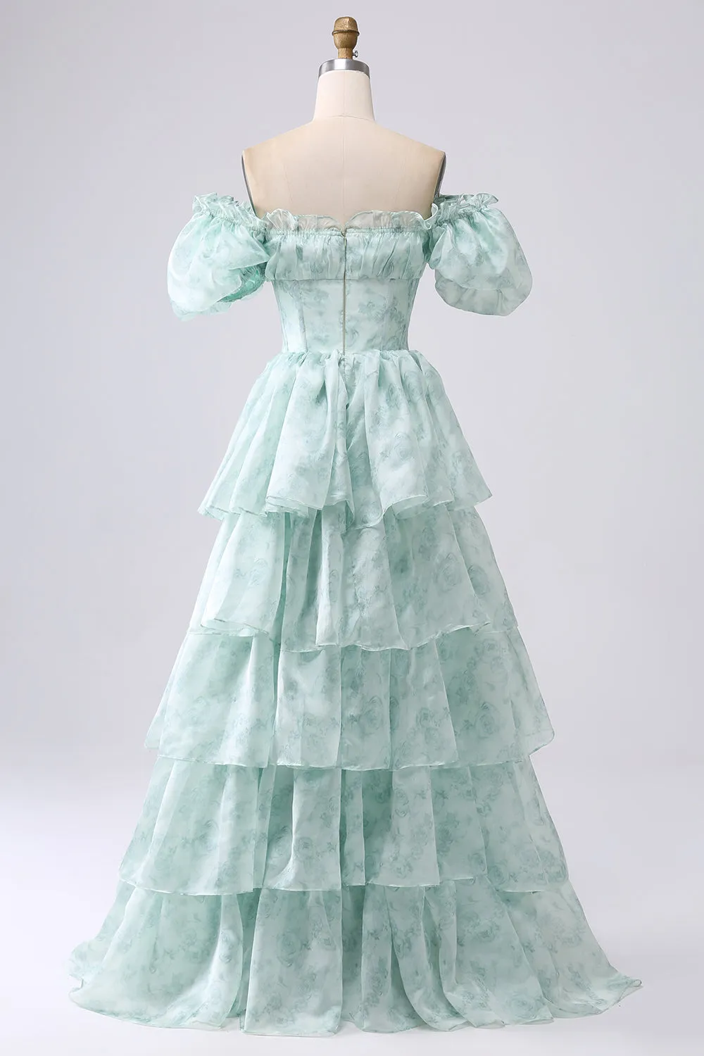 Green A Line Square Neck Tiered Long Prom Dress with Ruffles sold by Zapaka product image thumbnail 4