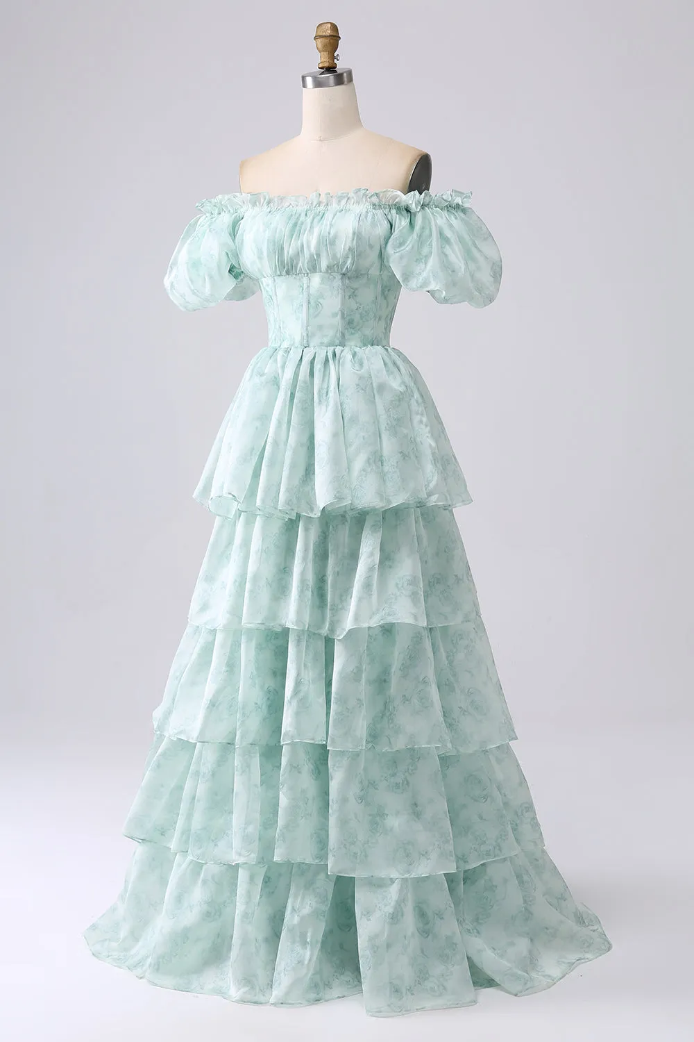 Green A Line Square Neck Tiered Long Prom Dress with Ruffles sold by Zapaka product image thumbnail 5