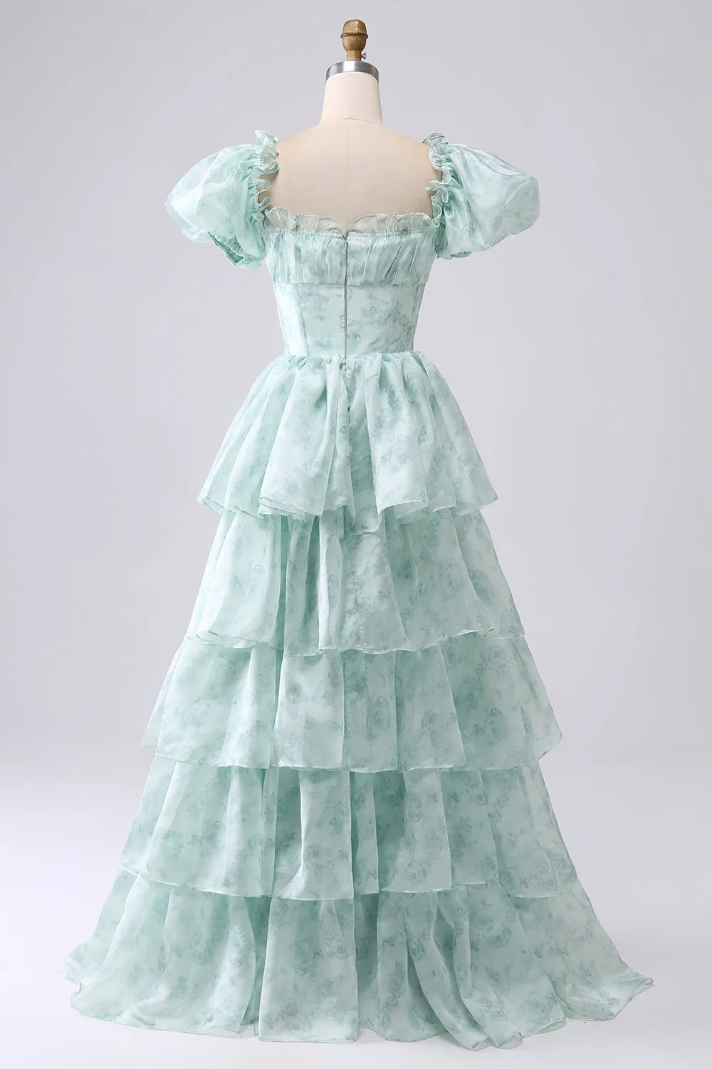 Green A Line Square Neck Tiered Long Prom Dress with Ruffles sold by Zapaka product image thumbnail 2