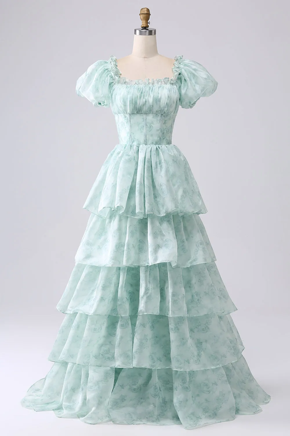 Green A Line Square Neck Tiered Long Prom Dress with Ruffles sold by Zapaka