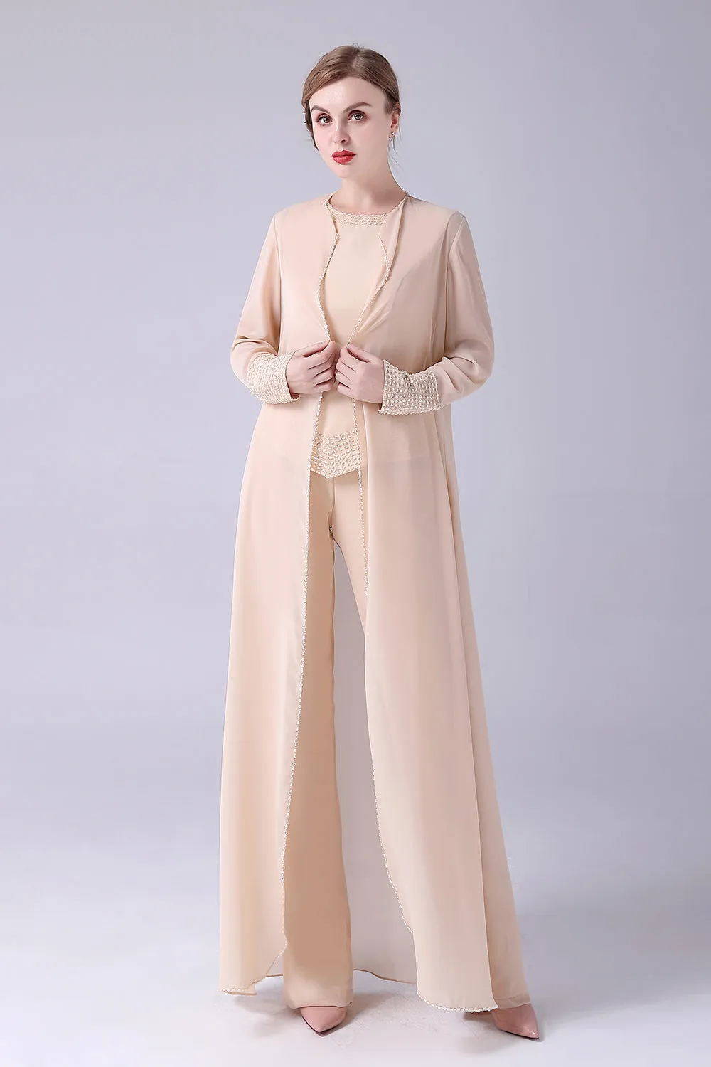 Champagne Long Coat 3 Pieces Mother of the Bride Pant Suits sold by Zapaka