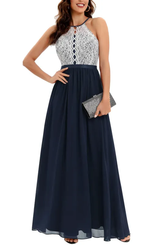 A Line Halter Navy Long Bridesmaid Dress with Lace sold by Zapaka