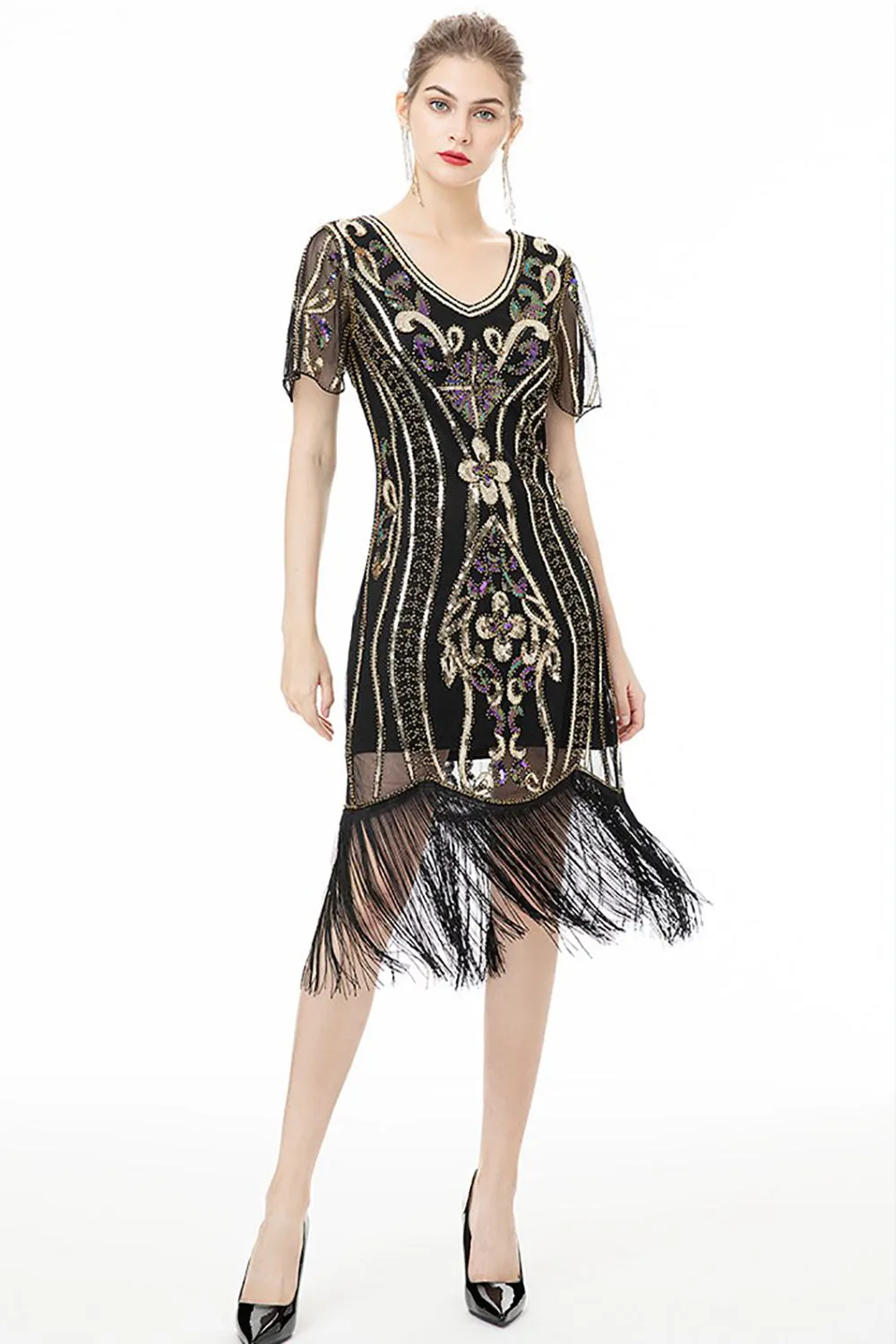 Black Fringes Sparkly 1920s Dress with Short Sleeves sold by Zapaka