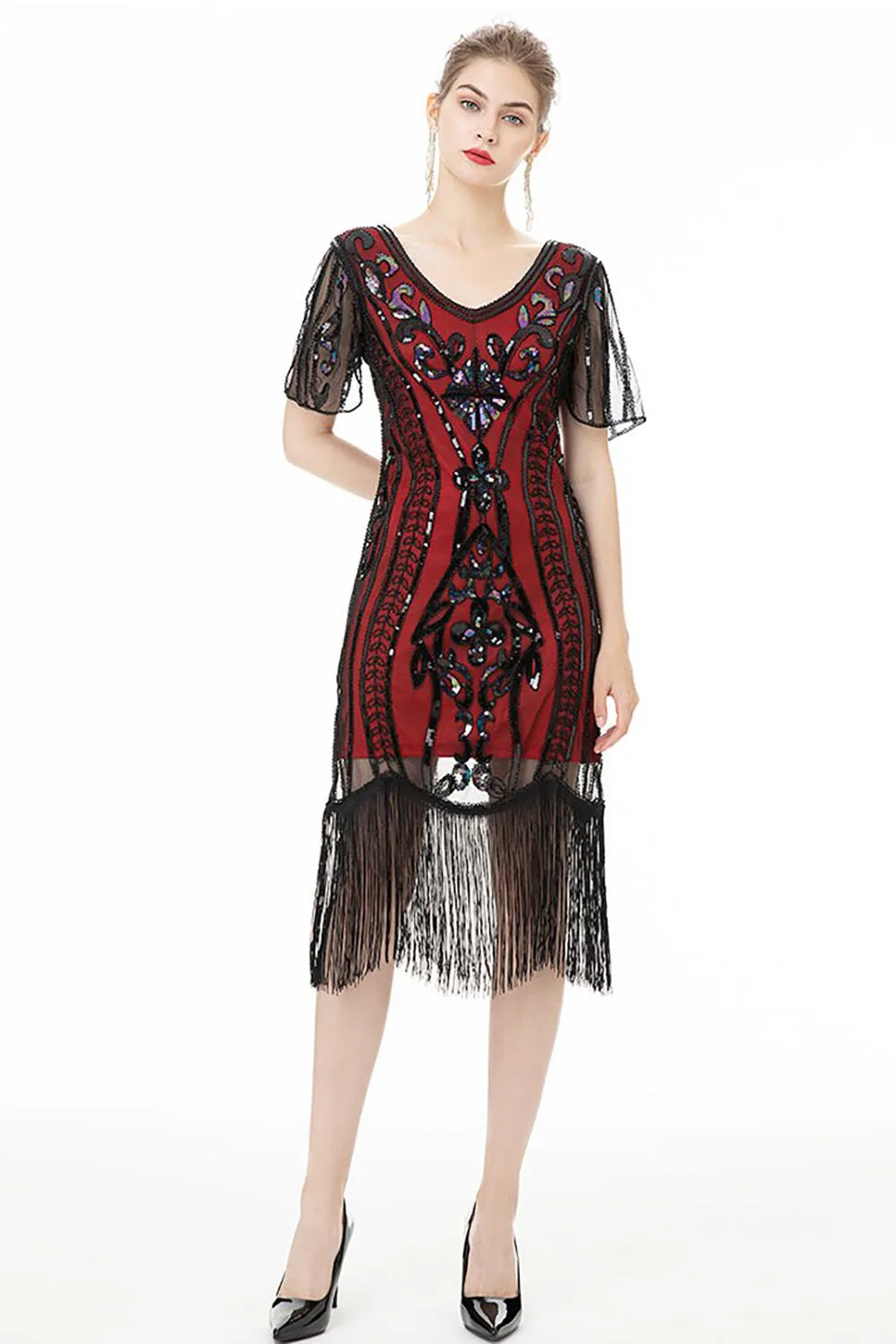 Black Fringes Sparkly 1920s Dress with Short Sleeves sold by Zapaka product image thumbnail 5