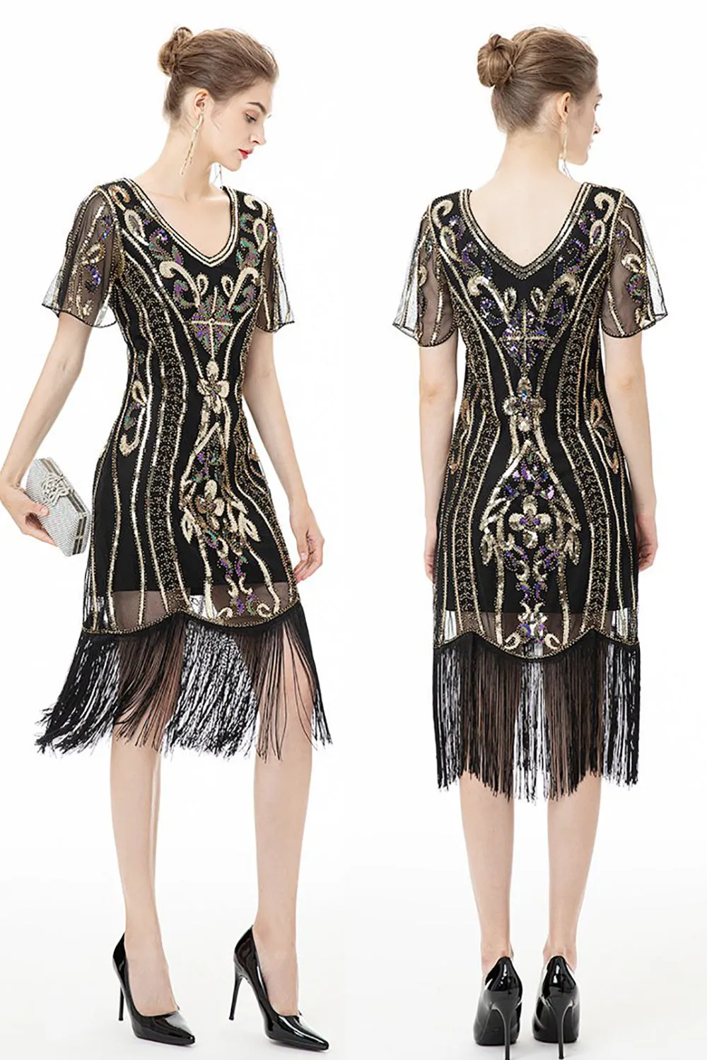 Black Fringes Sparkly 1920s Dress with Short Sleeves sold by Zapaka product image thumbnail 2