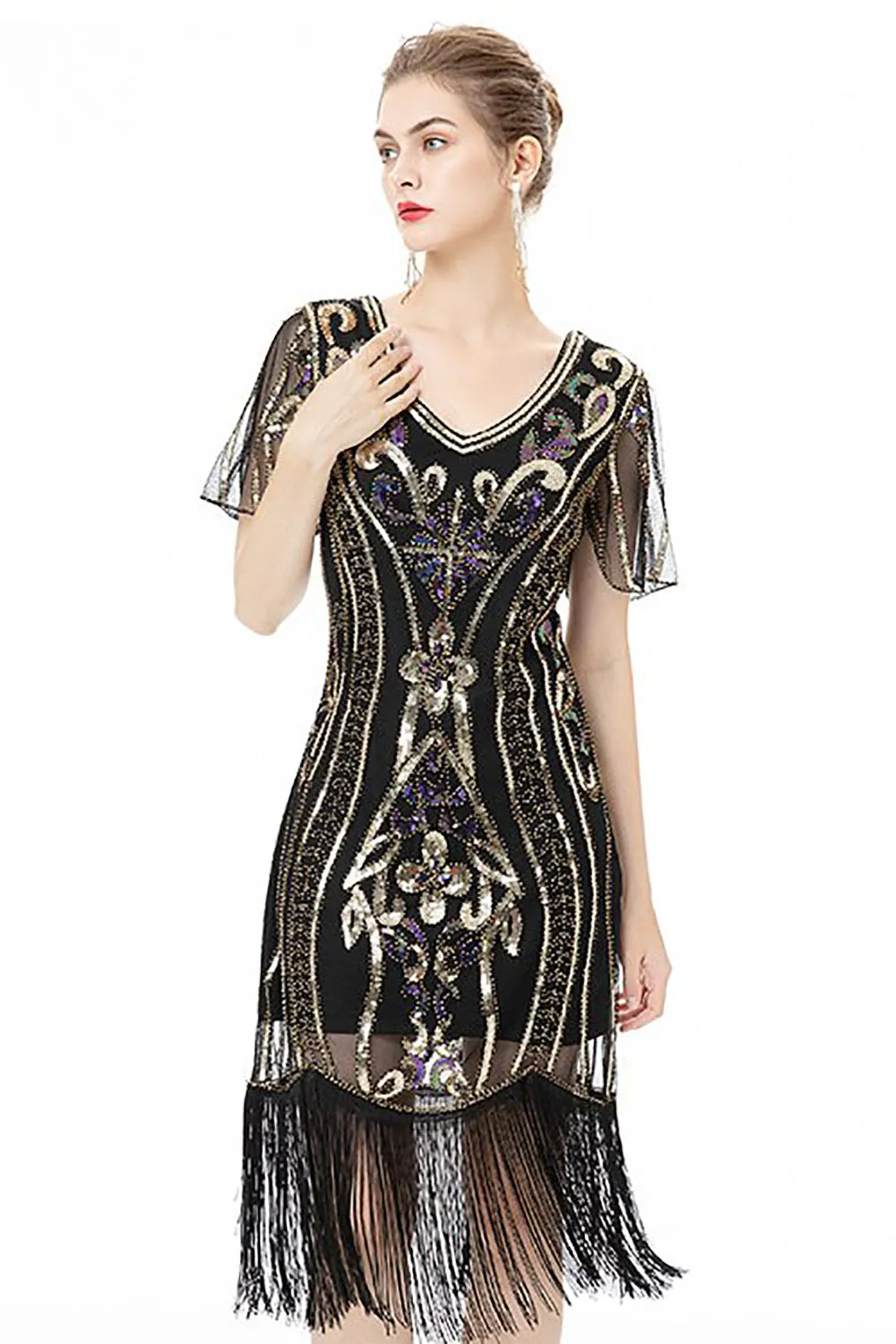 Black Fringes Sparkly 1920s Dress with Short Sleeves sold by Zapaka product image thumbnail 3