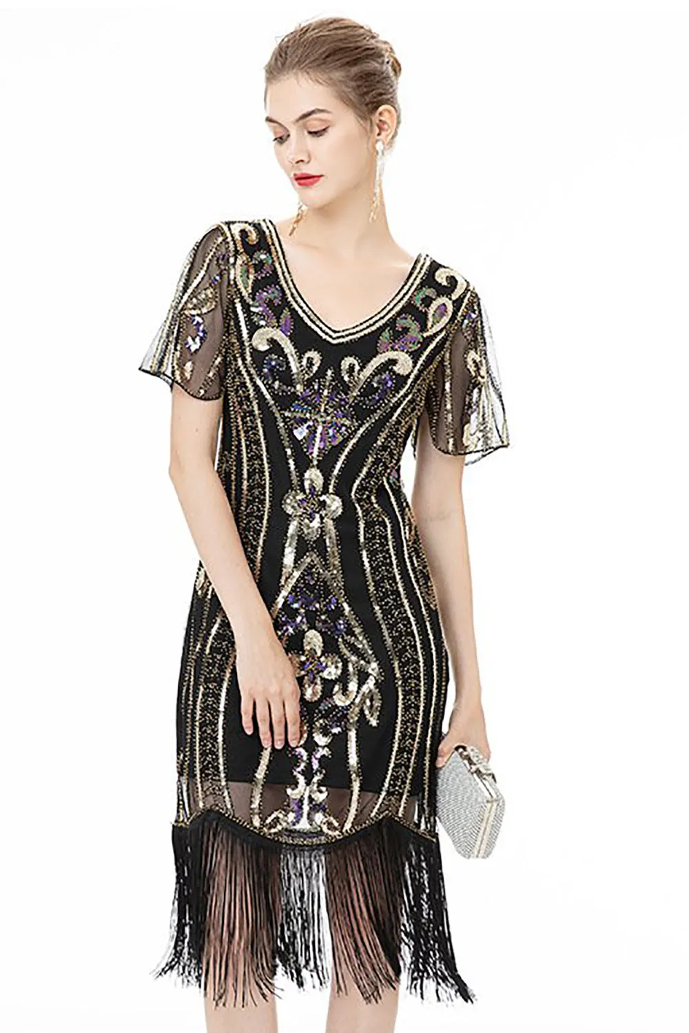 Black Fringes Sparkly 1920s Dress with Short Sleeves sold by Zapaka product image thumbnail 4