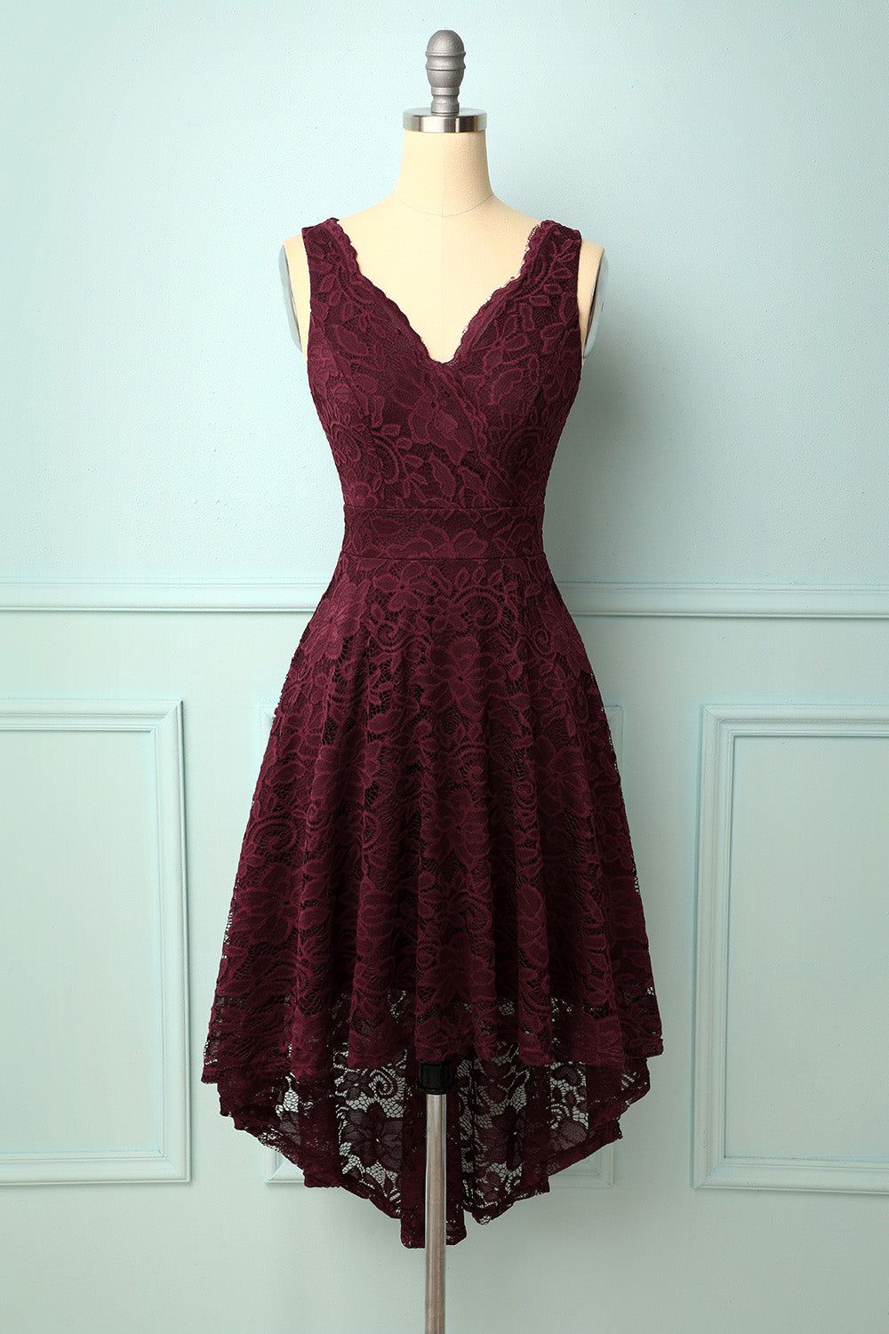 Burgundy V-Neck Lace Dress sold by Zapaka