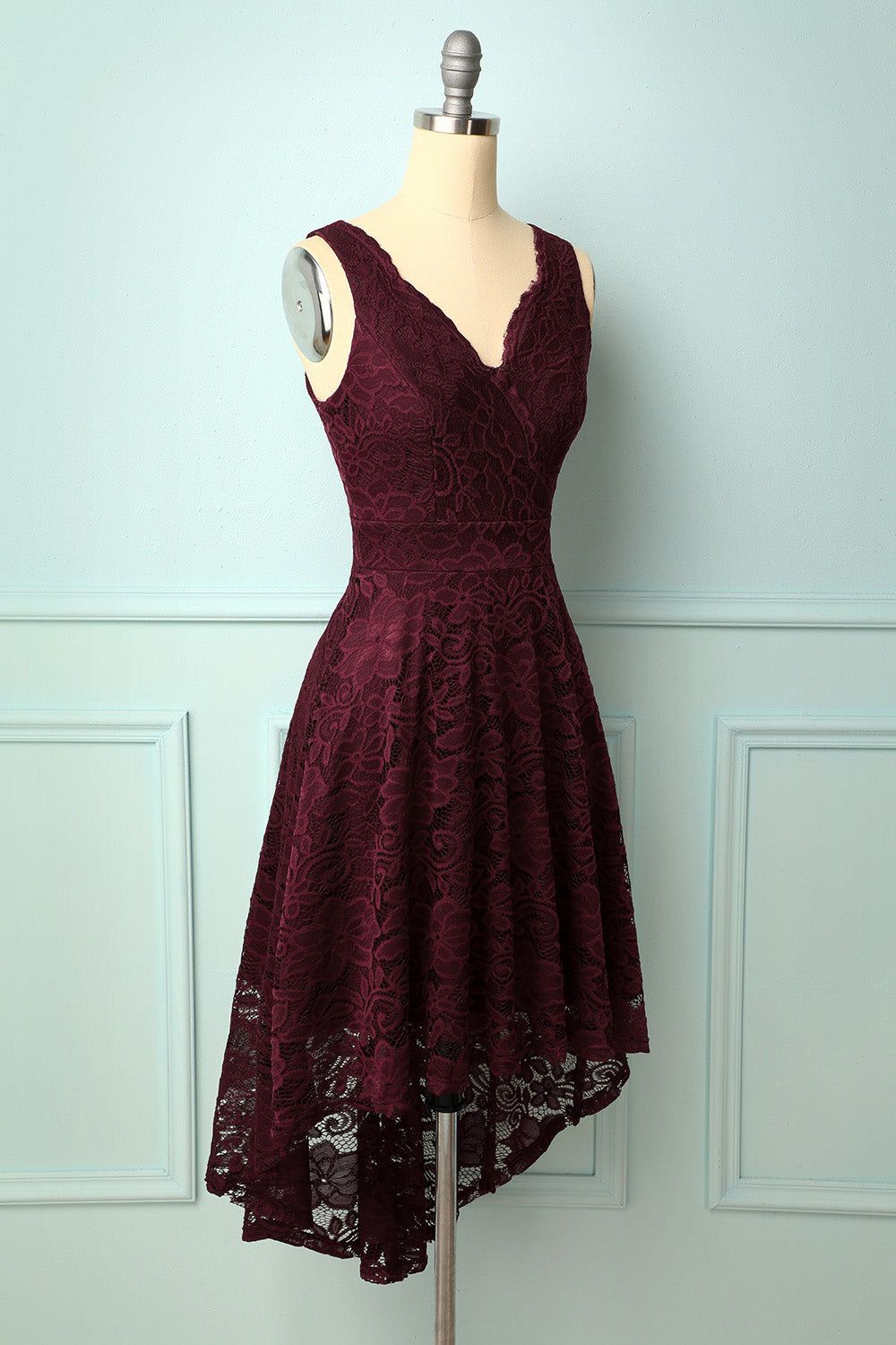 Burgundy V-Neck Lace Dress sold by Zapaka product image thumbnail 3