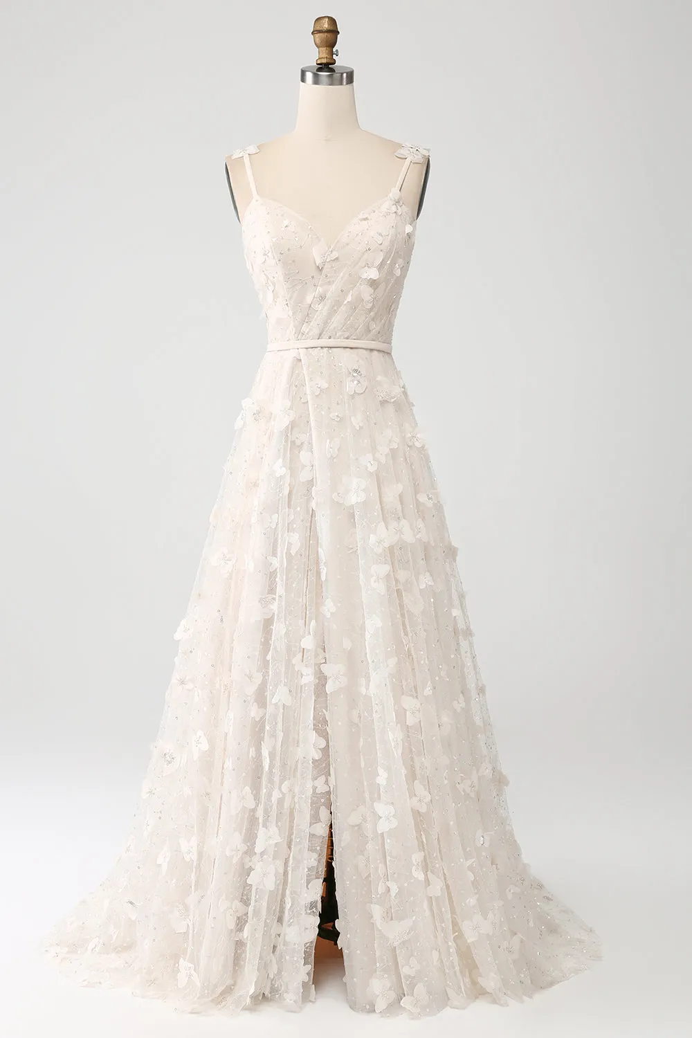 Apricot A Line Spaghetti Straps Appliques Long Wdding Dress with Slit sold by Zapaka