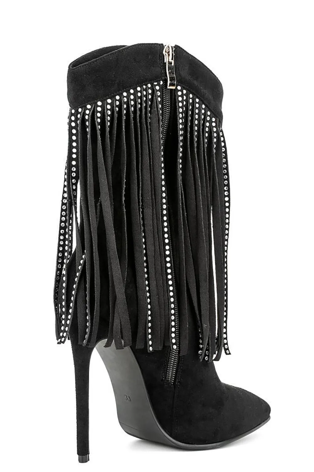 Black Suede Rhinestone Fringed Stiletto Heels Ankle Boots sold by Zapaka product image thumbnail 3