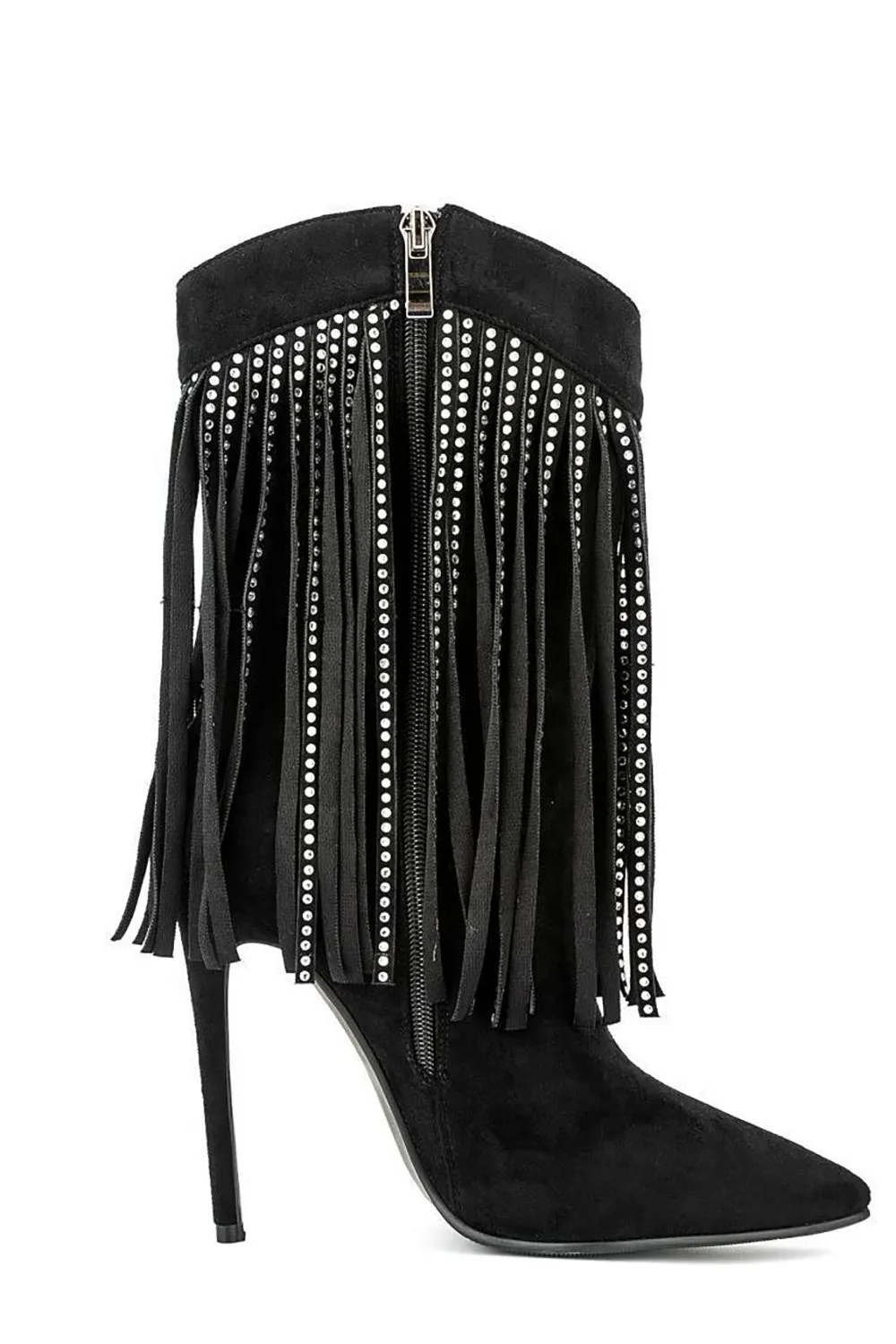 Black Suede Rhinestone Fringed Stiletto Heels Ankle Boots sold by Zapaka product image thumbnail 4