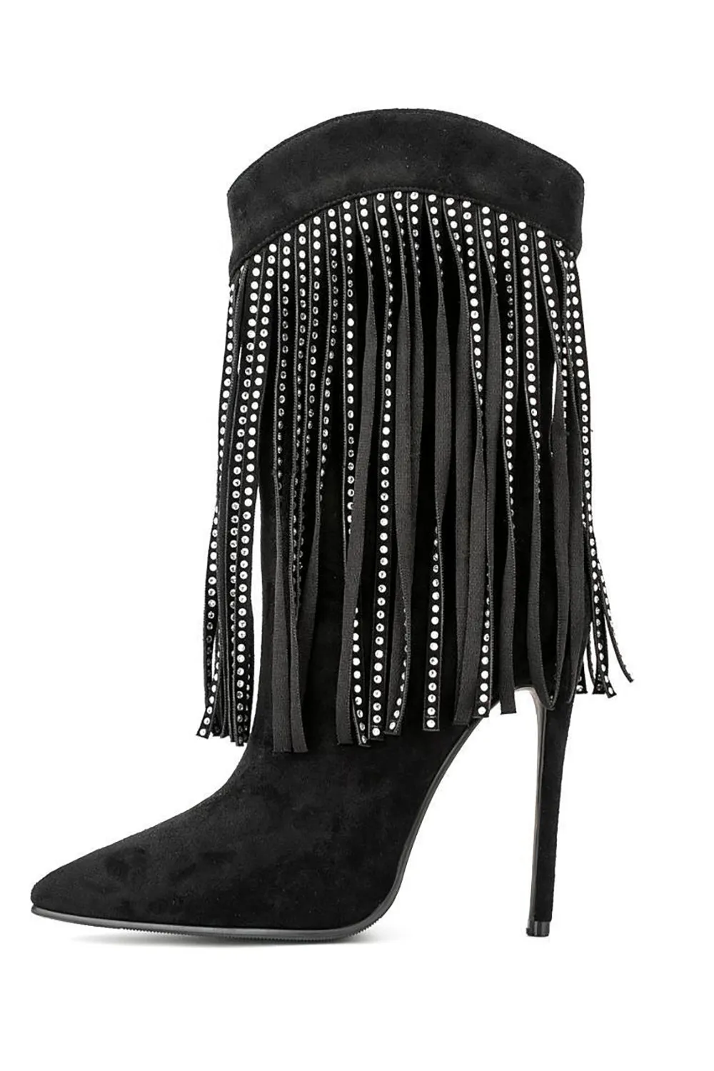 Black Suede Rhinestone Fringed Stiletto Heels Ankle Boots sold by Zapaka