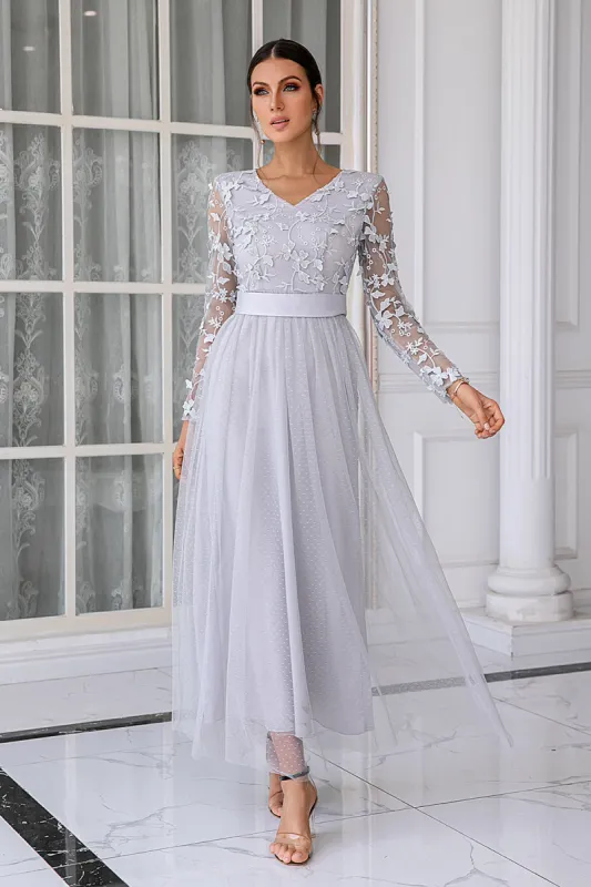 Grey Tulle V-neck Mother Dress sold by Zapaka