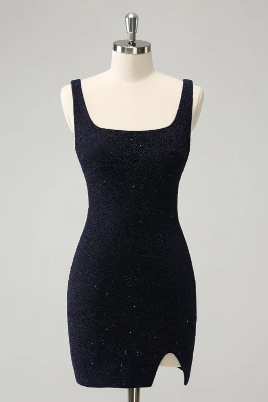 Sparkly Dark Blue Square Neck Bodycon Mini Homecoming Dress With Slit sold by Zapaka